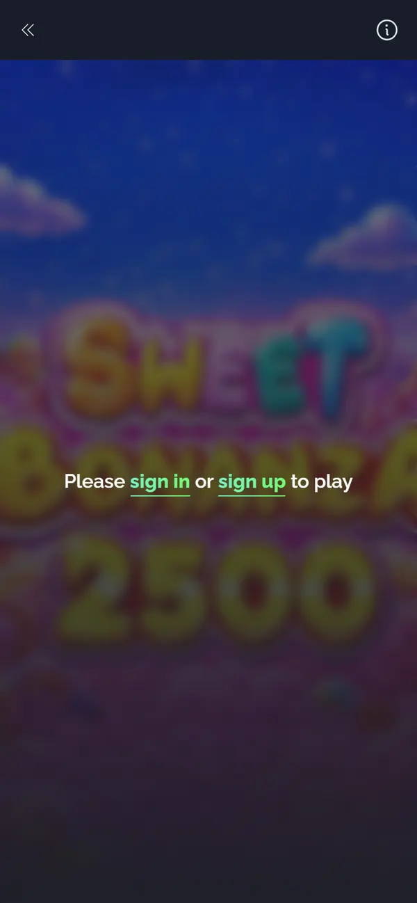Game page on mobile for Sweet Bonanza 2500 with a sign in or sign up to play prompt